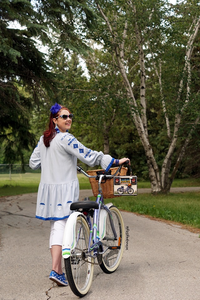 Winnipeg Style, Canadian Stylist fashion blog consultant, Mary Frances Ride On beaded bicycle 3D handbag purse, Chicwish embroidered blue tunic top dress, Keds Disney Minnie mouse sneakers shoes, Retro vintage style bicycle wicker basket, Unique, cute Nakamura bike